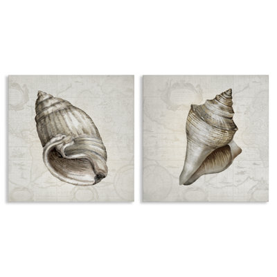 Conch Shells over Vintage Maps 2 Piece Canvas Wall Art Set, design by Conrad Knutsen