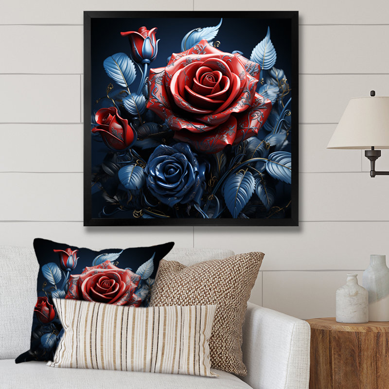 Roses rouges et bleues qui fleurissent sur toile, H 36 po x l 36 po x P 1,5 po, Cadre simple noir