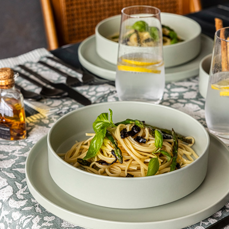 over&back Stackable Semi Hand-Finished Stoneware Dinner Bowls, Set of 4, Green