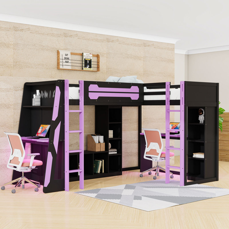 Lit simple en bois avec lits superposés en L avec tablettes et bureau