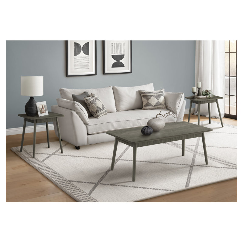 3-Piece Living Room Table Set with Rectangular Coffee Table and Two End Tables, Grey Finish with Solid Wood Legs