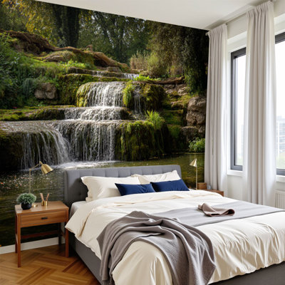 Papier peint adhésif cascade cascades en cascade forêt cascades murales de roches couvertes de mousse d'eau H 100 po x l 144 po papier mural amovible en PVC auto-adhésif pour le salon de la chambre bureau à domicile
