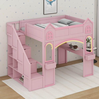 Lit mezzanine double pleine grandeur avec bureau et espace de jeu sous le lit, structure de lit mezzanine en bois avec escalier de rangement et éclairage