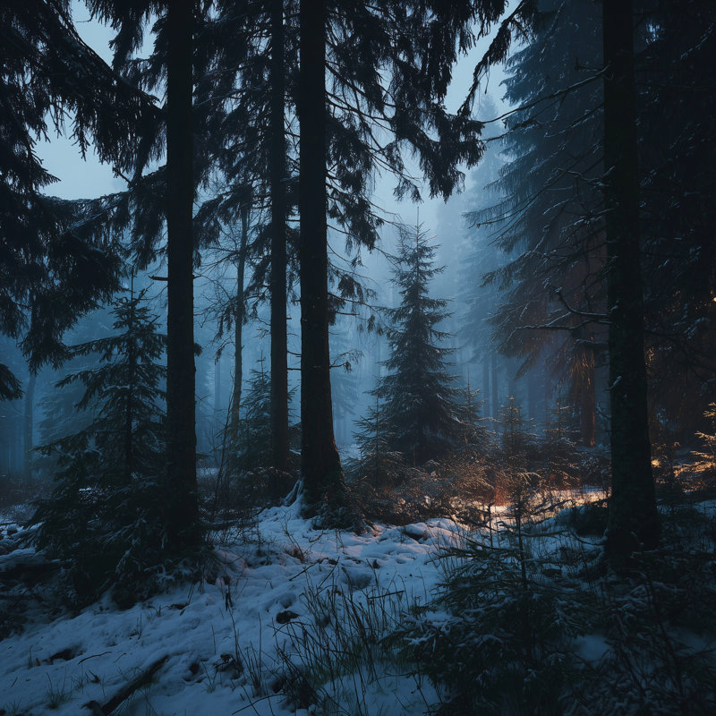 «Twilight Pine Woods Snowy Forest», art mural sur toile, 12 po x 12 po