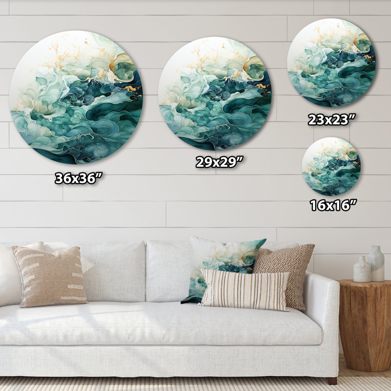 Bleu sarcelle, minimalisme, sérénité en mouvement - Décoration abstraite ronde en métal, H 16 po x l 16 po