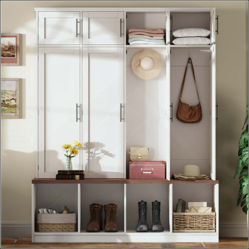 Farmhouse Hall Tree With 4 Hidden Hanging Hooks, Versatile Seating Bench With 8 Doors, Entryway Shoe Cabinet With Open Compartment For Living Room