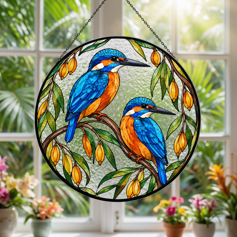 «Two Blue Kingfishers on Branch in St donned Glass», art mural sur toile, H 7,8 po