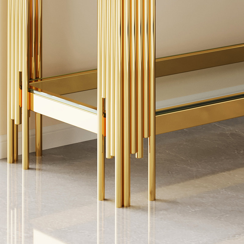 Console avec verre trempé double couche, cadre en acier inoxydable au fini miroir doré, style moderne et élégant
