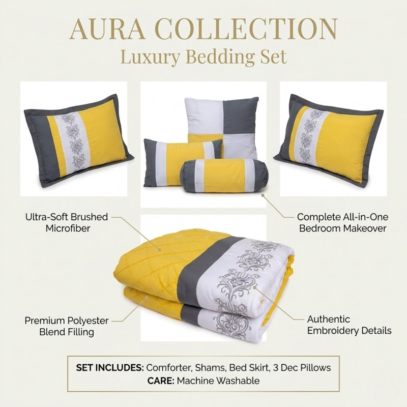 Celine Embroidered Brushed Microfiber Comforter Set, Full Comforter + 6 Additional Pieces