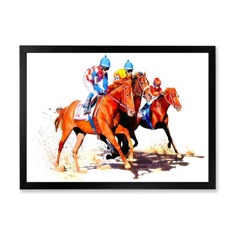 «Three Jockey Racing Horses Racinging», reproduction d'art sur toile, Toile avec cadre noir, H 8 po x l 12 po x P 1 po
