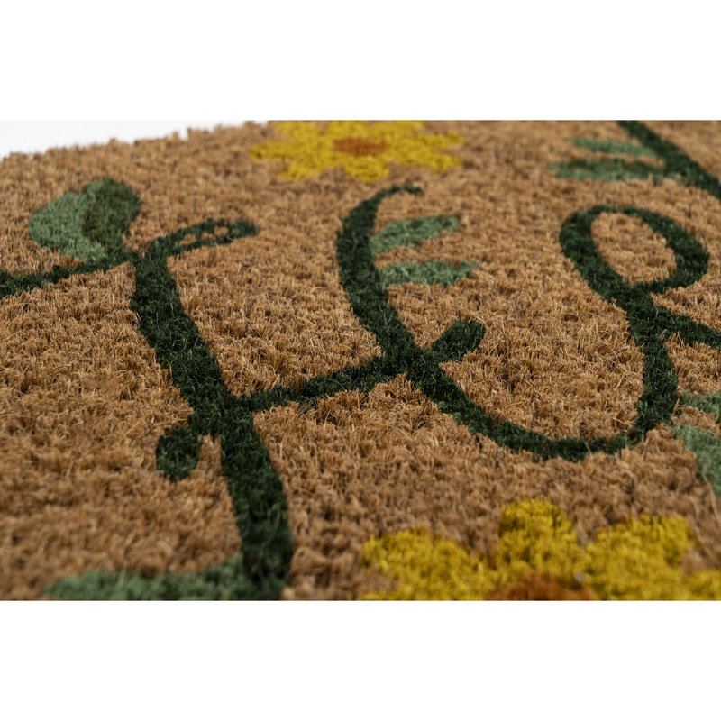 Handwoven Natural Coir Outdoor Doormat with Floral Design