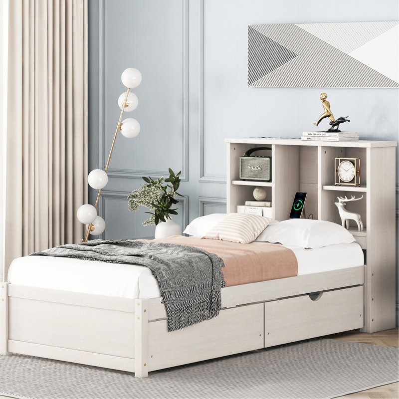Cadre de lit simple moderne avec port USB intégré sur la tête de lit à bibliothèque et 2 tiroirs pour couleur blanc délavé