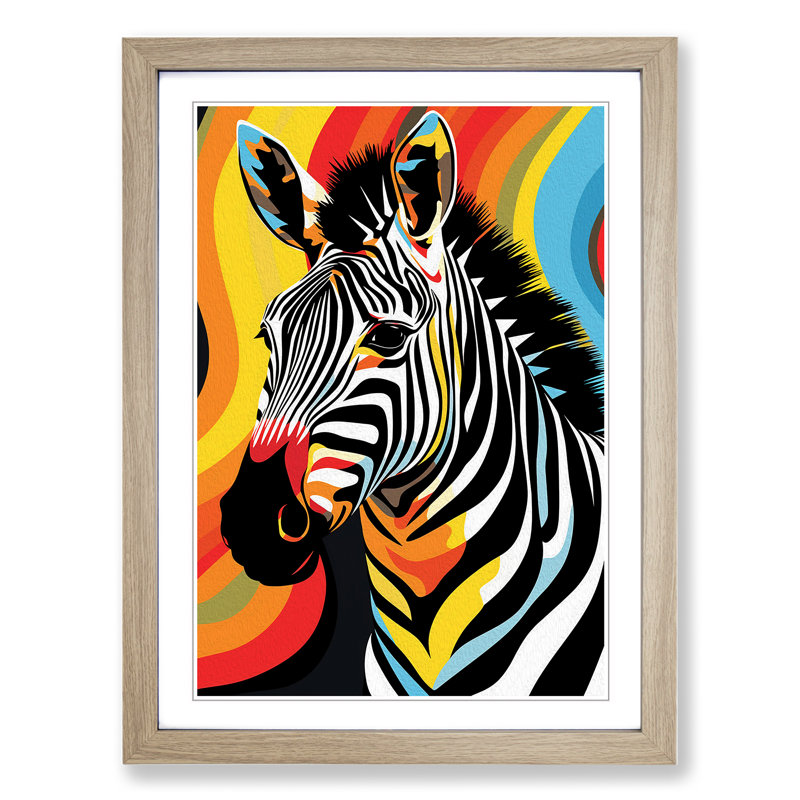 Zebra Art Deco - Single Picture Frame Print on Wood, 64cm H x 46cm W x 2cm D, Oak