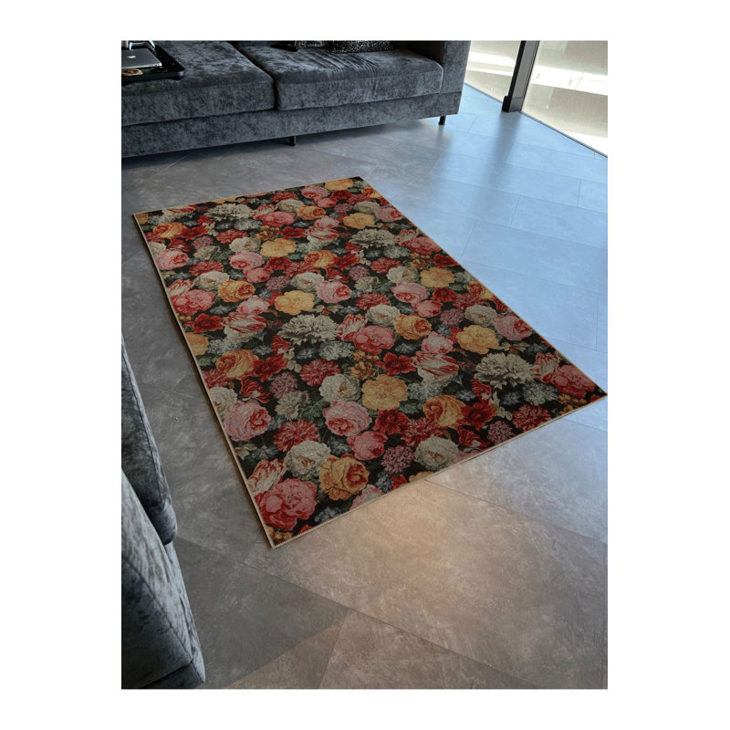 Tapis décoratif multicolore à motif floral et rose, Rectangle 3 pi 3 po x 4 pi 11 po