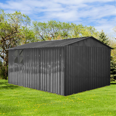 Abri de jardin extérieur en métal 12 x 10 pi en gris, fenêtre, évents, porte à charnières, serrure gratuite, conception de toit Apex populaire