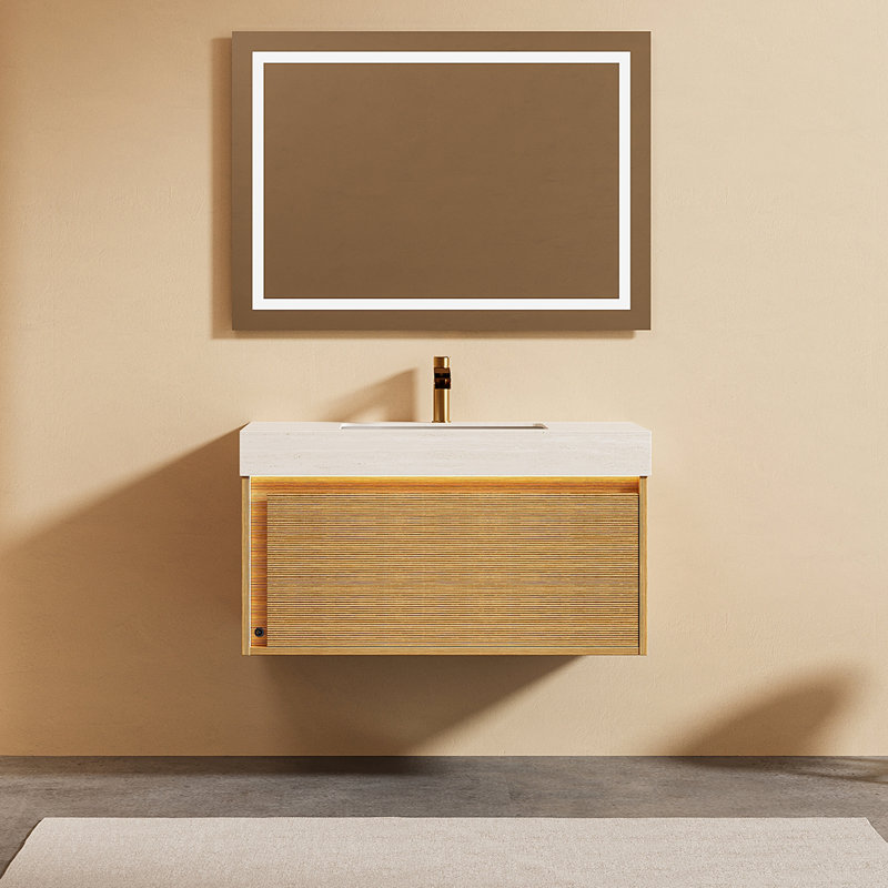 Floating Grille Bathroom Vanity with , Ceramic Sink, and LED Sensor Light