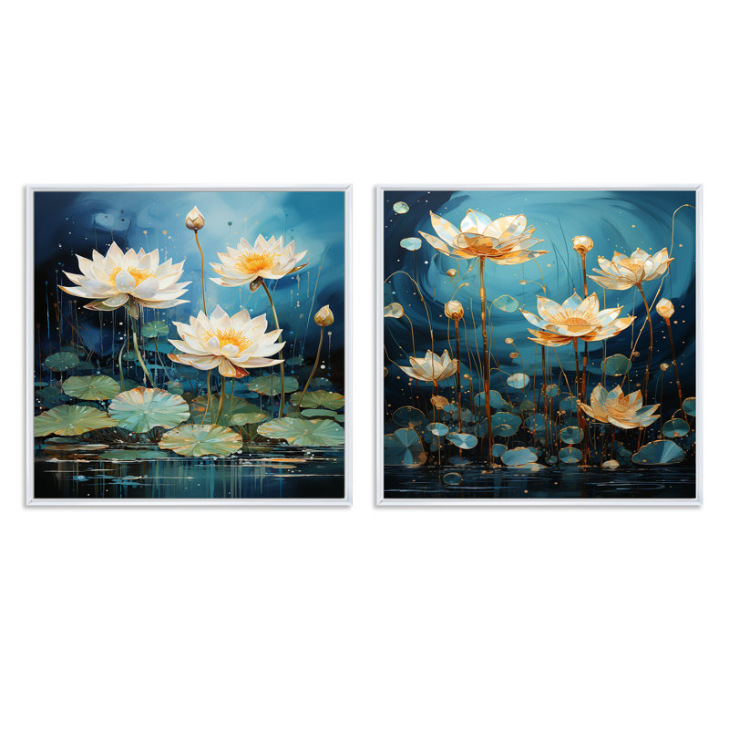 Fantaisie aquatique surréel sur lotus, H 16 po x l 33 po, Cadre flottant blanc