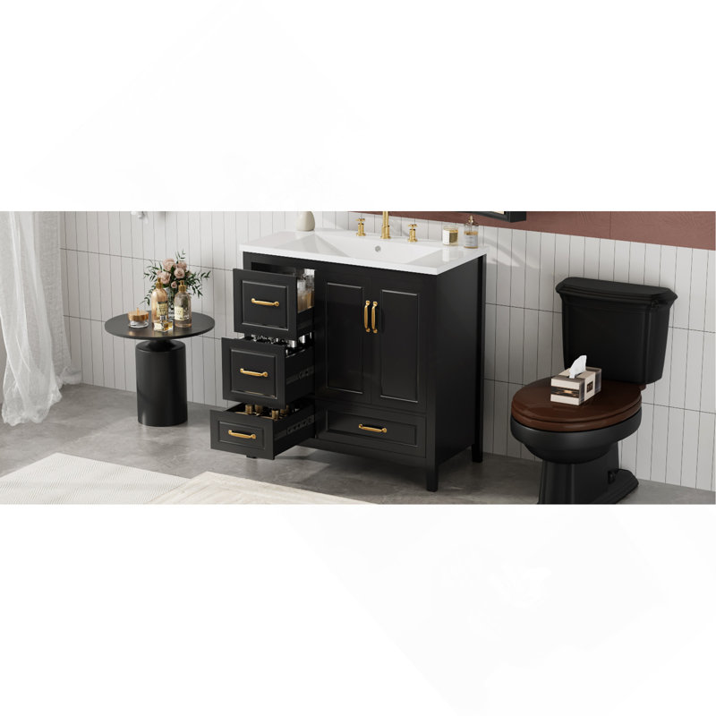 Meuble-lavabo 36 po avec lavabo, une armoire avec portes à fermeture douce, 4 tiroirs à fermeture douce, poignées en métal, noir