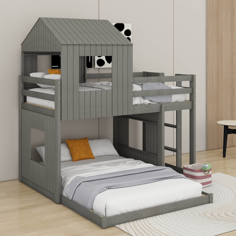 Wooden Twin Over Full Bunk Bed, Loft Bed With Playhouse, Farmhouse, Ladder And Guardrails, Antique Gray