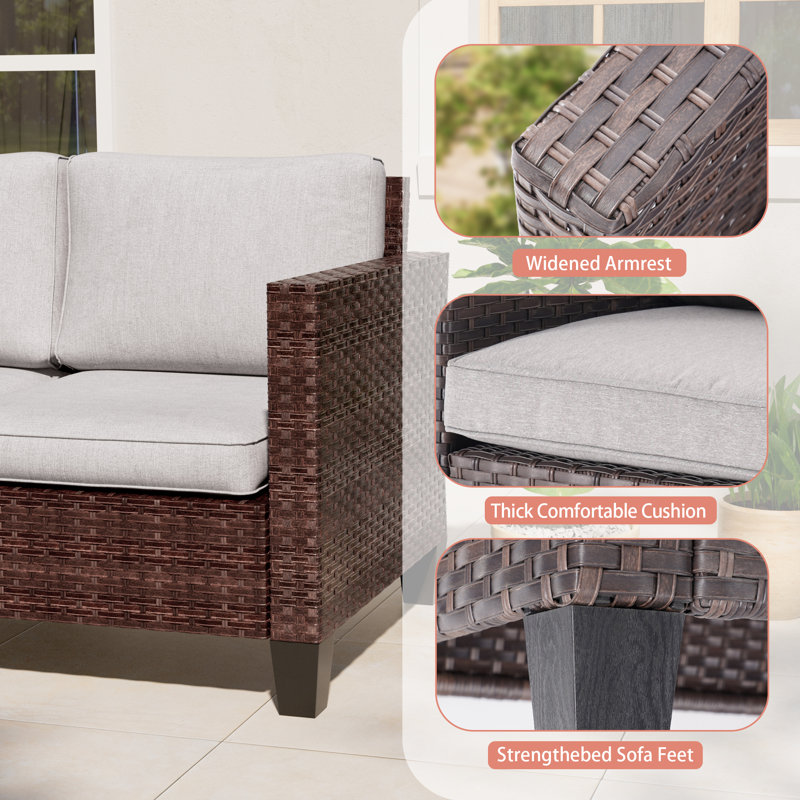 Patio Loveseat Sofa PE  Rattan Set With Thick Cushions and Sturdy Frame, Brown, Linen Gray