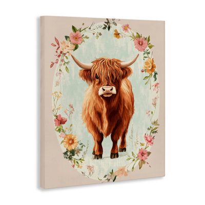 Peach Flower Border Cow Canvas, design by Petal Prints Design