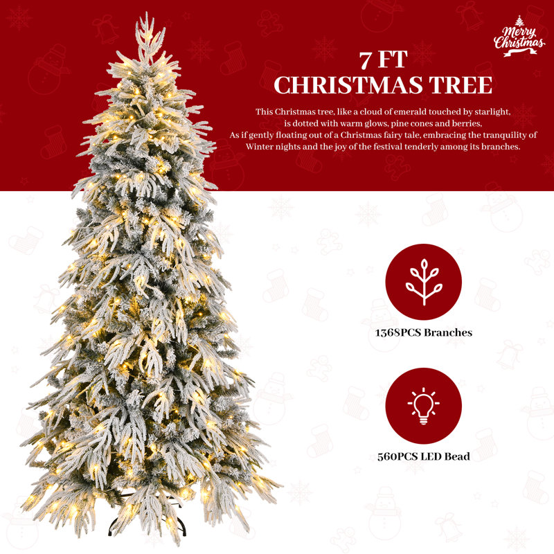 Arbre de Noël illuminé enneigé 7 pi - 250 lumières DEL blanc chaud, 767 pointes en PE / PVC - conception mince pour les coins