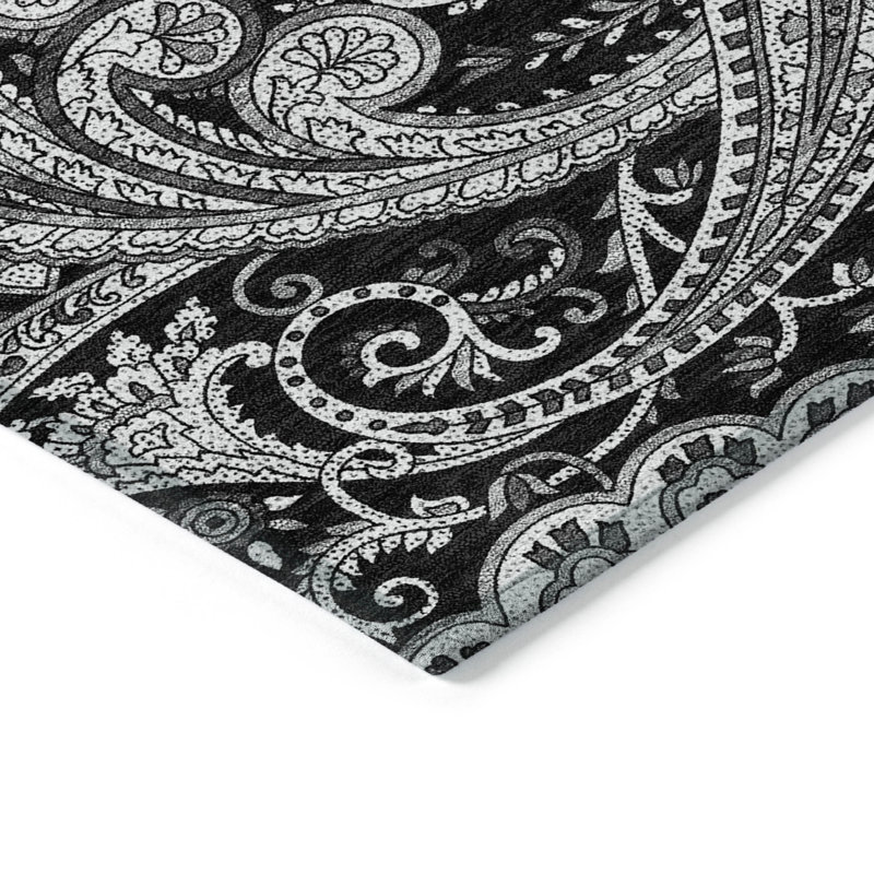 Tapis intérieur / extérieur 10 pi x 14 pi à motif cachemire noir et gris lavable