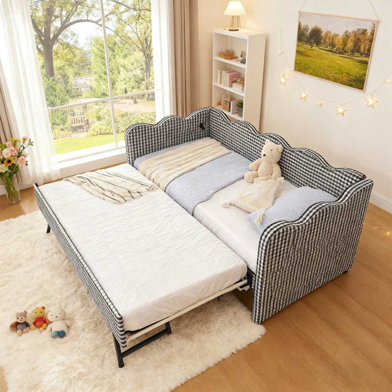 Daybed With Trundle, Twin Size Sofa Bed, No Box Spring Needed, USB Port, Adorable Wave Shaped, Linen Fabric, Navy, Twin