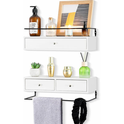 Floating Shelves For Wall Storage, Set Of 2 – Rustic Wood Wall-Mounted Shelves With Drawers For Bedroom, Living Room, Kitchen, Home Décor, Plants & Books