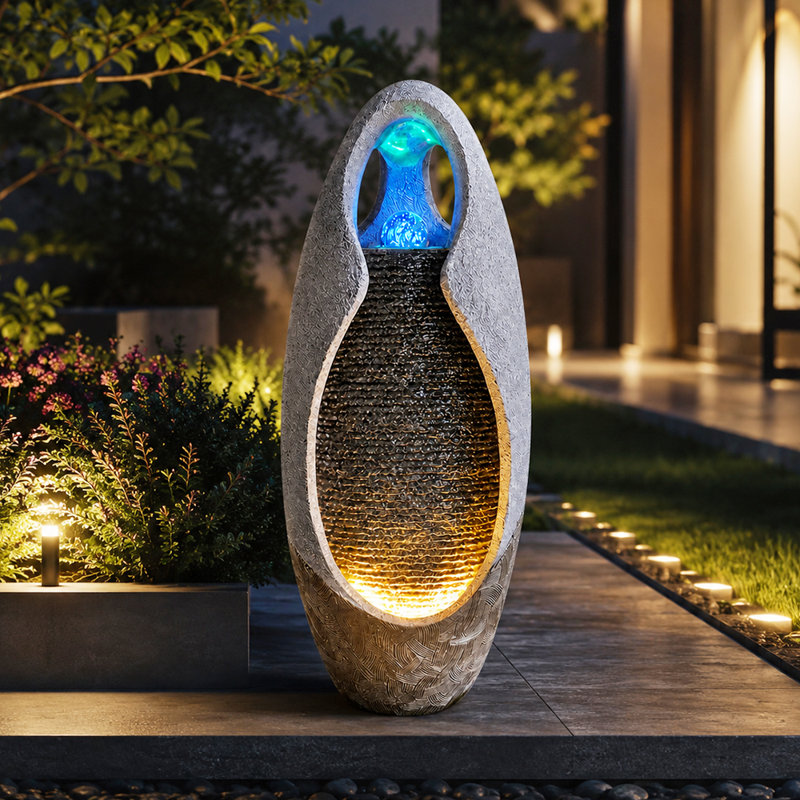 27.55" H Resin Outdoor Water Fountain with LED Lights & Cascading Waterfall, Modern Freestanding Floor Fountain with Stone-Like Finish for Garden Patio Indoor Decor