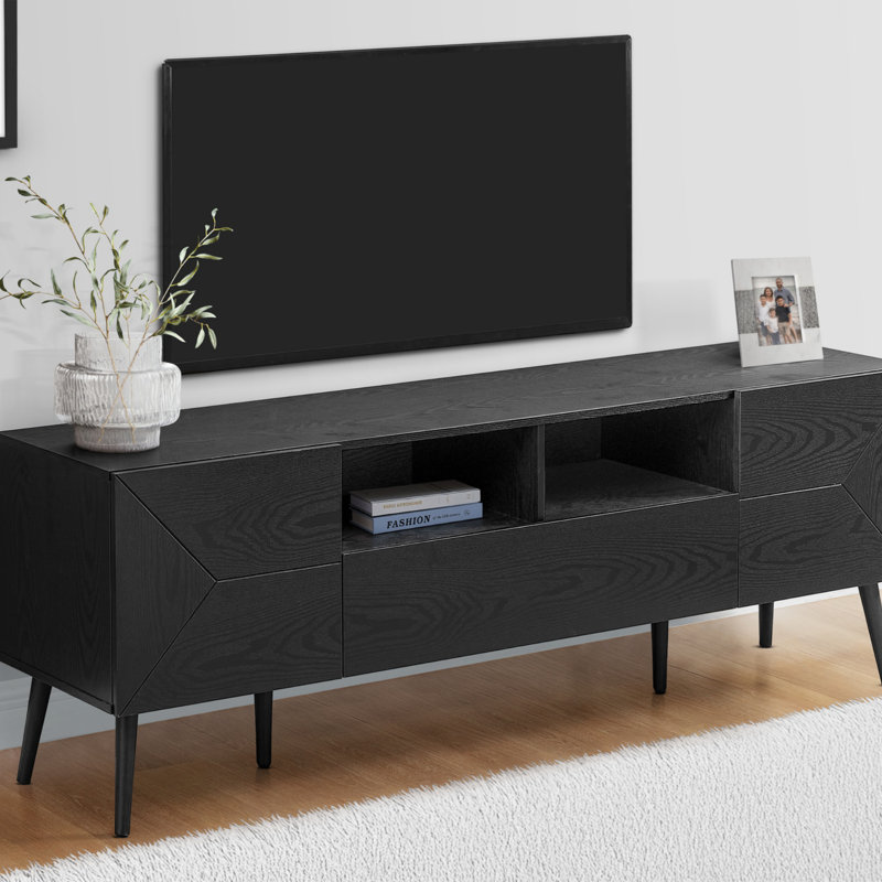 Meuble télé avec tiroir, deux armoires et rangement ouvert, Noir