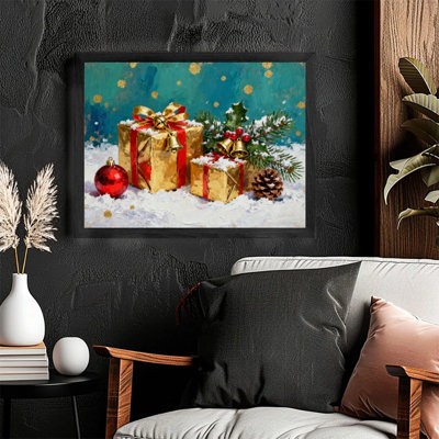 Cadre noir, peinture à l'huile, cadeau doré, décoration murale festive
