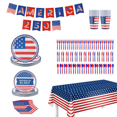 181Pcs Red White Blue 4th of July Disposable Party Supplies Set, Independence Day Tableware Kit Serves 24 with Plates Cups Cutlery Napkins Banner Tablecloth for Memorial Day Holiday
