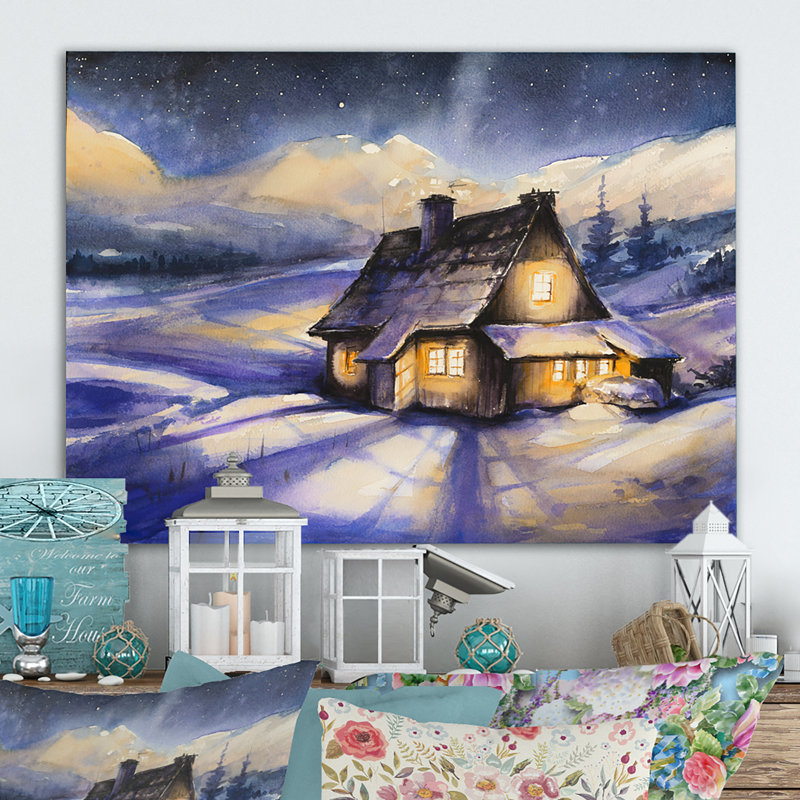 Cottage in Winter Mountains - Cadre photo, impression sur toile, H 24 po x l 36 po x P 1,5 po, Toile tendue