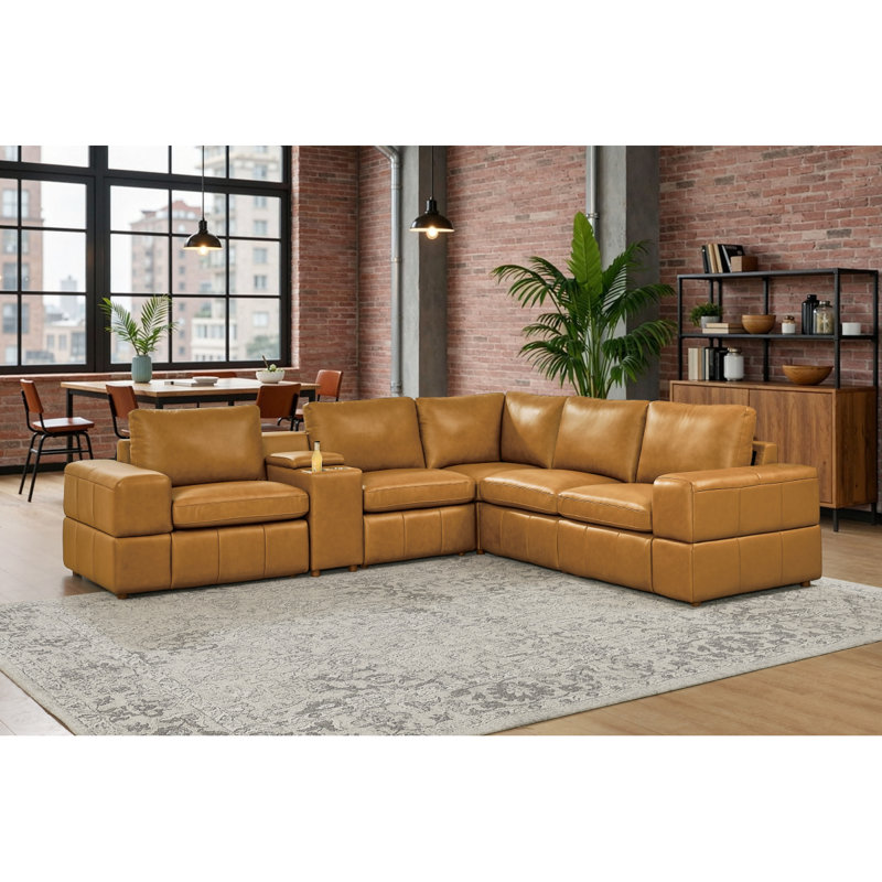 Canapé modulaire à large accoudoirs en cuir assorti, Gingembre gingembre