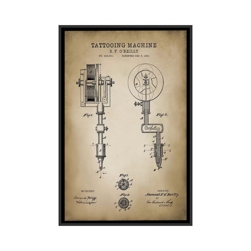 « tatouage brevet », impression sur toile, H 26 po x l 18 po x P 1,5 po, Toile avec cadre noir, Pas de tapis