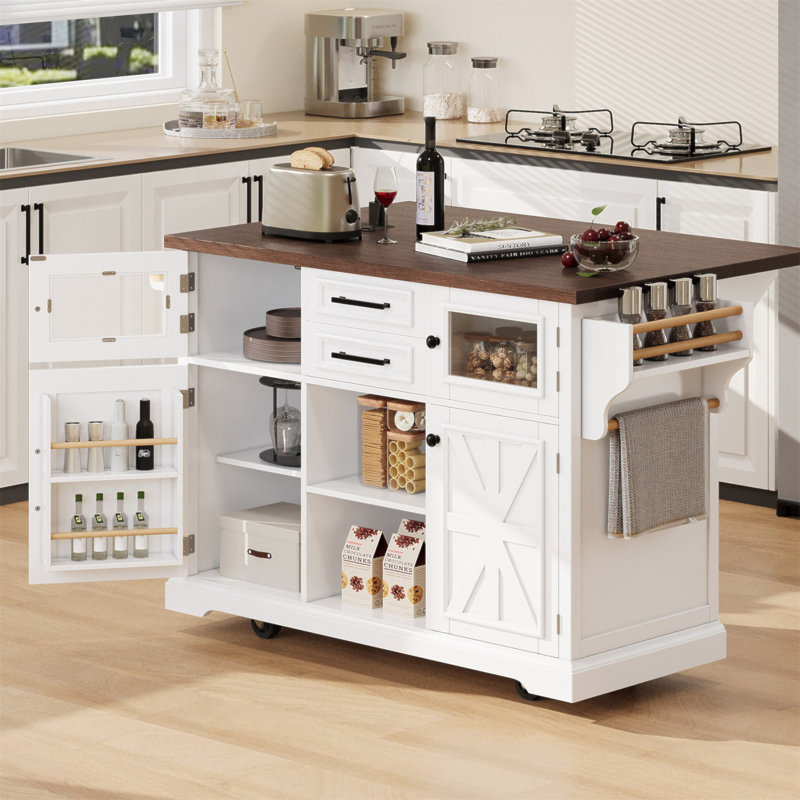54.9" Kitchen Island With Drop Leaf, Power Outlet, Kitchen Storage Cart With 4 Door Shelves, Cross Barn Doors & Visual Glass Door, Rolling Kitchen Island On 4 Wheels For Kitchen, Dining Room