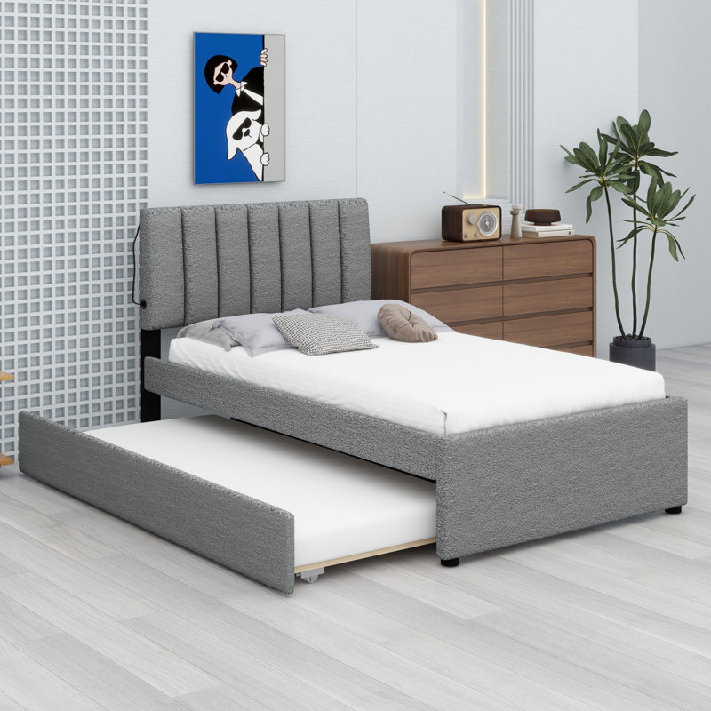Lit plateforme tapissier avec lit gigogne, gris
