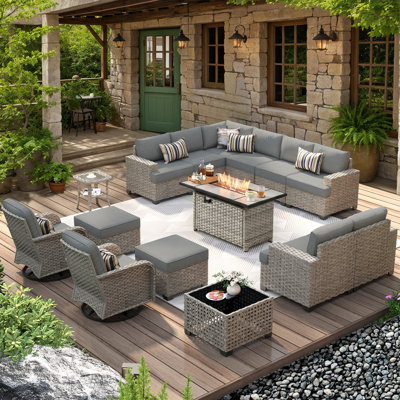 12 - Person Patio Furniture Set with Swivel Rockers, Outdoor Wicker Rattan Sectional Seating Group with Cushions, All Weather Sofa Conversation Set with Fire Pit Table for Garden Backyard