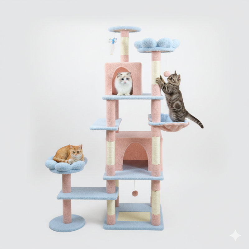 Arbre à chat floral de 71 pouces, comprenant un grand condo, un coussin amovible sur le thème des fleurs et un hamac, bleu