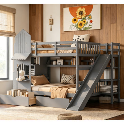 Lit superposé double de style château avec 2 tiroirs, 3 tablettes et glissade - parfait pour les enfants en pleine croissance et les espaces créatifs