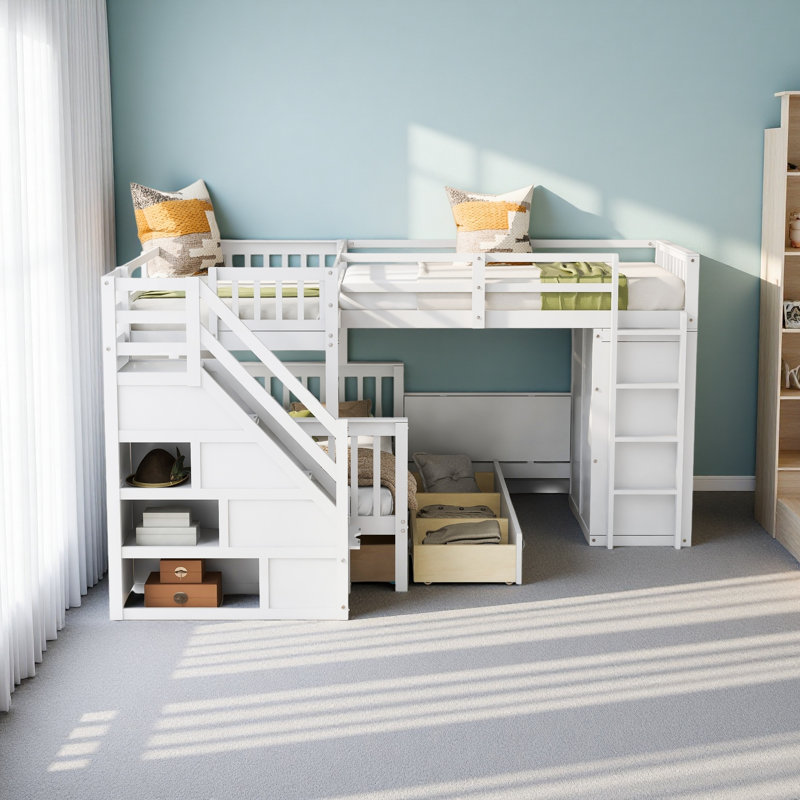 Lit superposé simple en L avec 3 tiroirs, bureau portable et garde-robe, Blanc