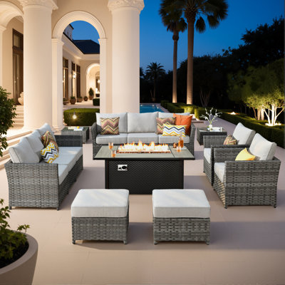 Ensemble de mobilier d'extérieur pour 10 personnes, ensemble de conversation modulaire en rotin d'osier avec coussins, ensemble de conversation pour canapé toutes saisons avec foyer et table de jardin