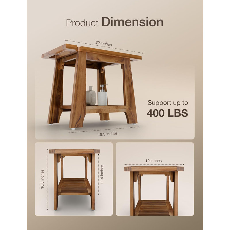 22”L Teak Shower Bench for Inside Showers -400Lbs Capacity-Teak Shower Stool, Wooden Bathroom Bench, Shower Chair