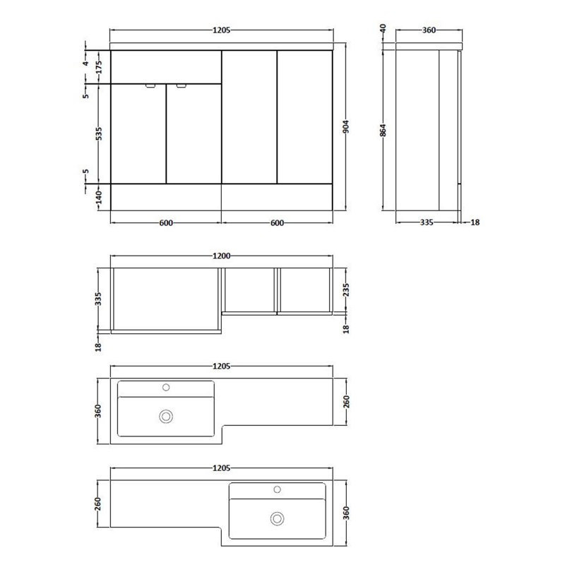 Fusion Fitted Furniture - Gloss White Bathroom Vanity with Basin, Anthracite Woodgrain, Left-Handed