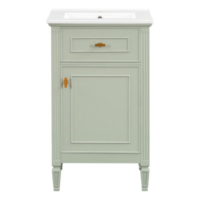 Meuble-lavabo autoportant compact de 20 po avec lavabo en céramique, armoire en bois d'hévéa massif avec tiroir inclinable, organisateur de porte intégré à 2 niveaux et tablette réglable (4 finitions disponibles)