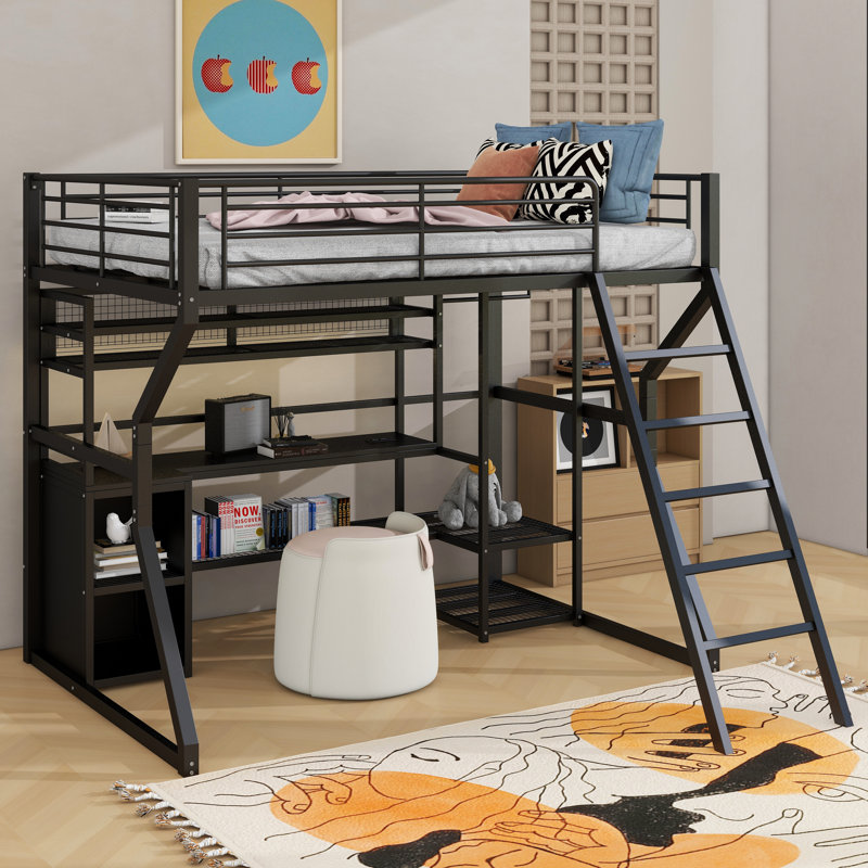 Lit mezzanine double en métal avec poste de travail intégré, garde-robe ouverte, DEL et rangement multiple