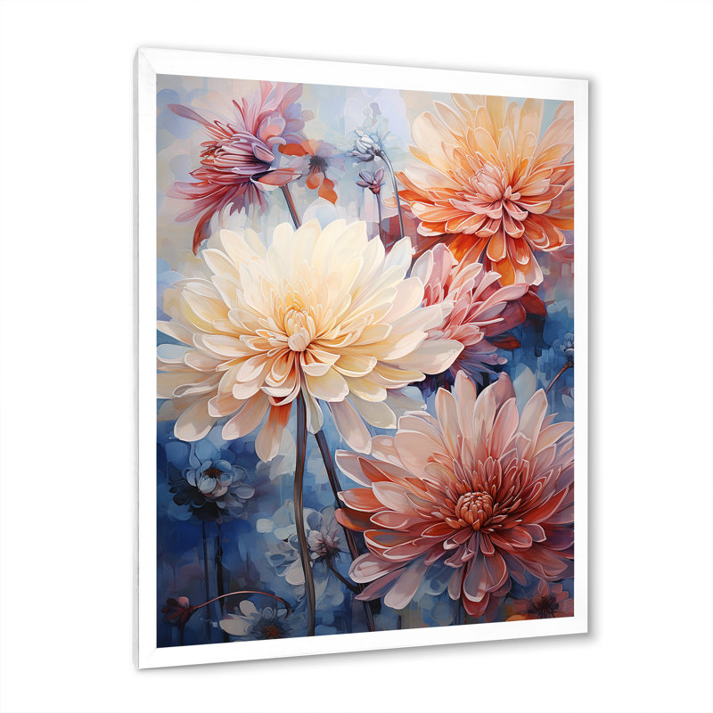 Minimalisme blanc et corail Chrysanthemums - Chrysanthemums Wall Art Living Room, H 32 po x l 16 po x P 1 po