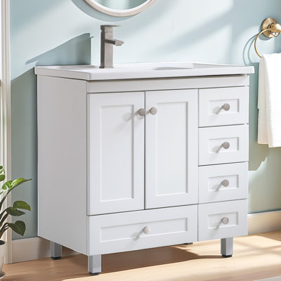 32" Modern Single Bathroom Vanity Set - Sleek White Free-Standing Cabinet with Integrated Ceramic Sink & Soft-Close Storage