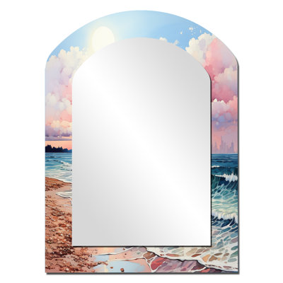 «Pink Beach Breezes» - miroir mural décoratif asymétrique sable de plage, miroir en arche rose, impression d'art en métal